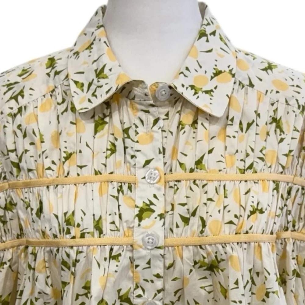 Maeve Anthropologie Shirred Leandra Daisy Floral Women's Top - White and Yellow - Picture 3 of 9